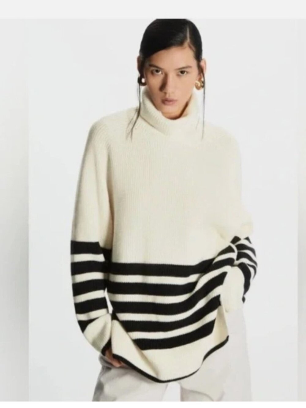 COS Ribbed Roll-Neck Striped Jumper Turtleneck Sweater Cream Navy womens Small
